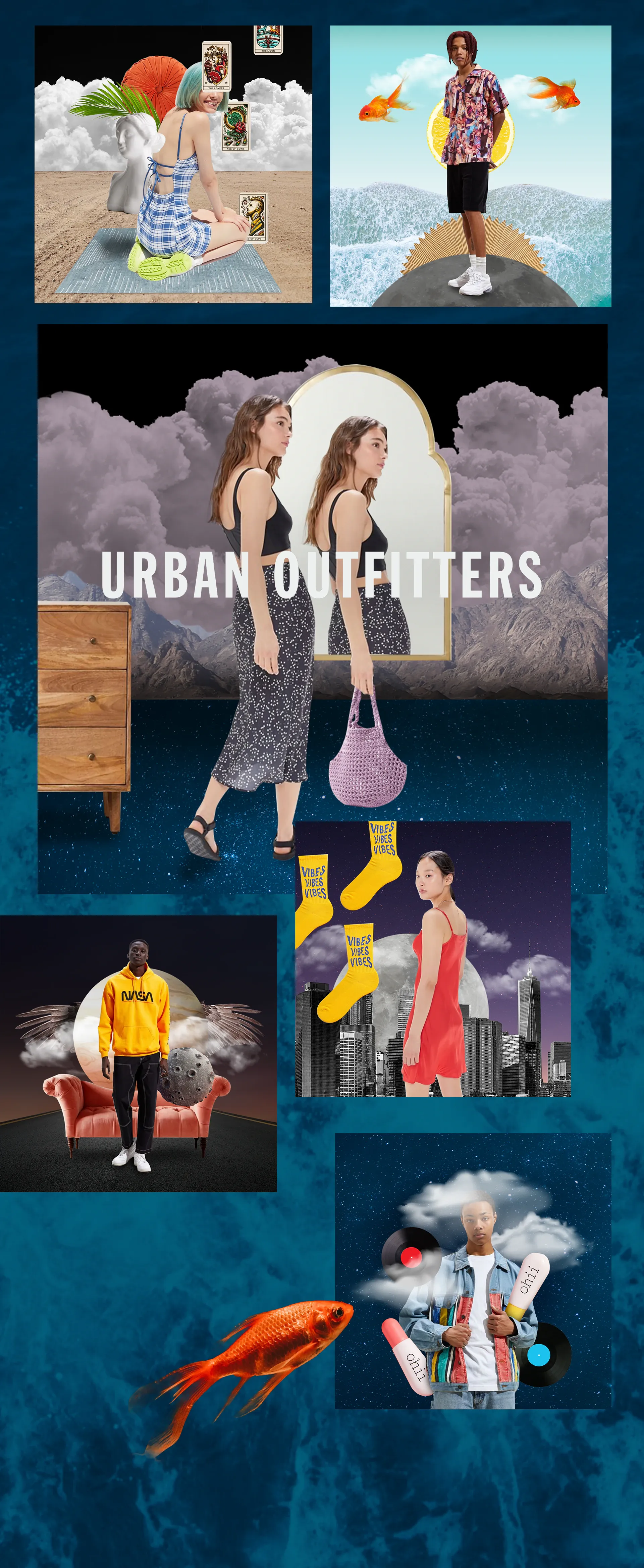 Urban Outfitters collage concept: models among clouds, goldfish and surreal textures