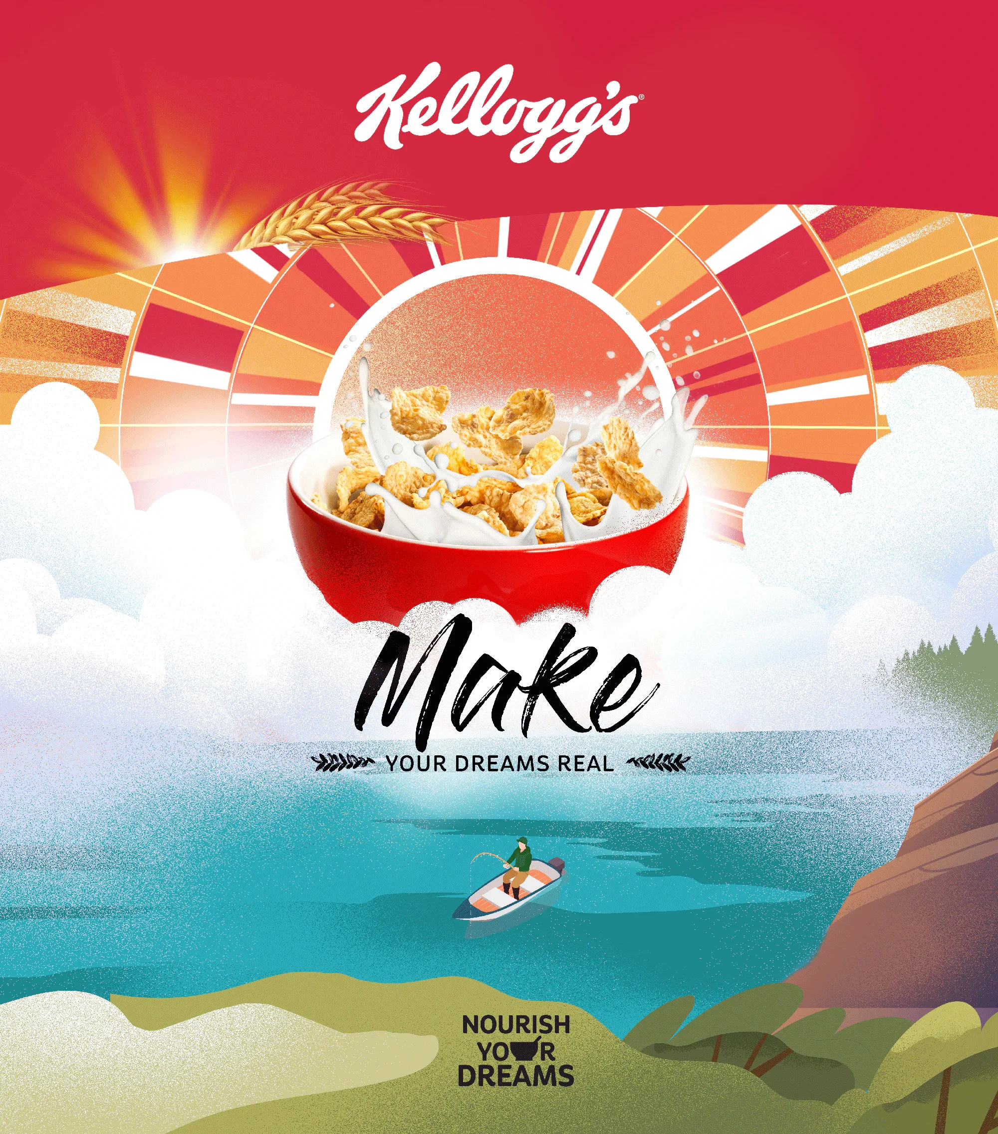 Kellogg’s “Make your dreams real” packaging illustration: a cereal bowl rising like the sun over a lake