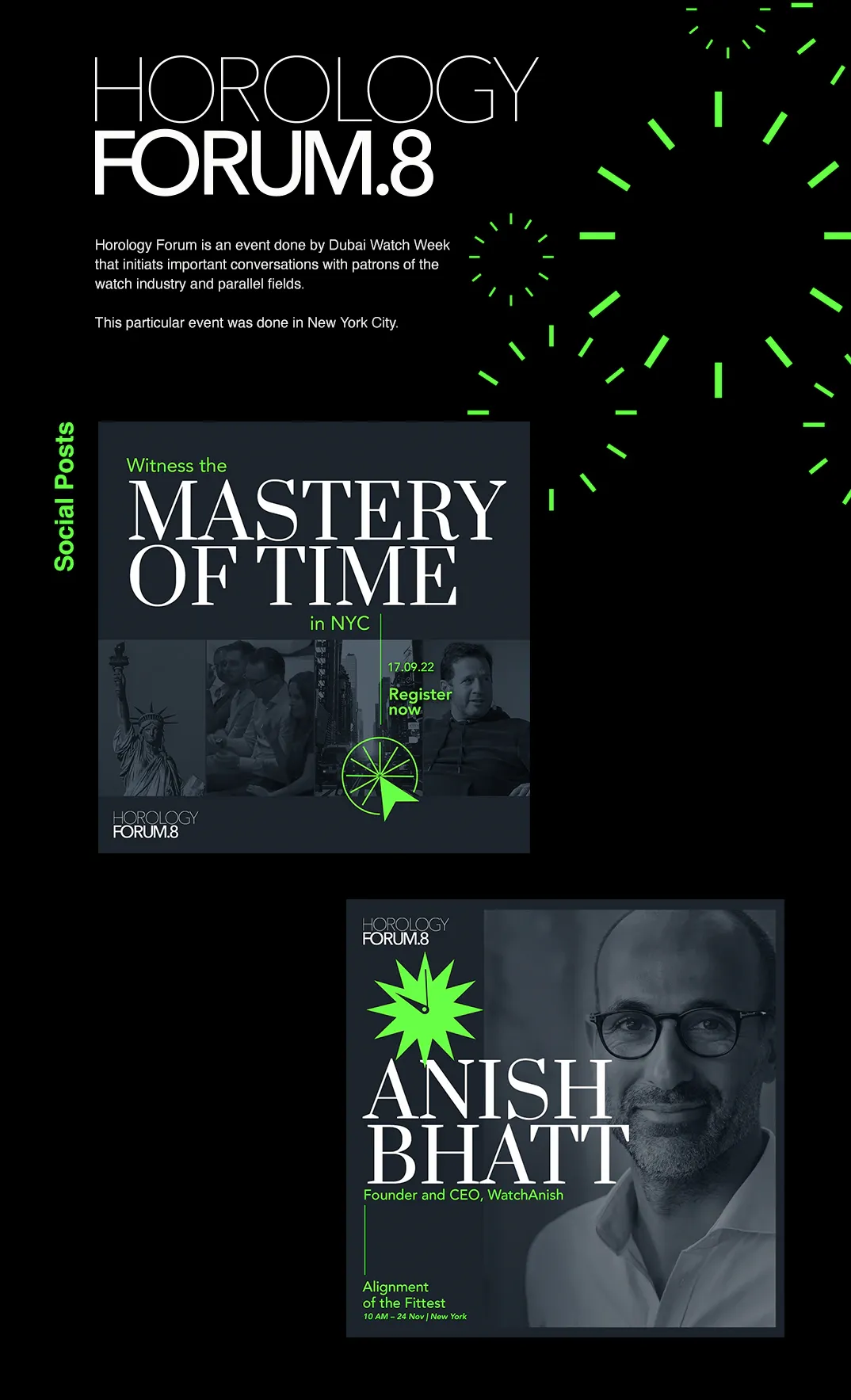 Horology Forum 8 social posts in neon green on black, including “Mastery of Time” and a speaker post for Anish Bhatt