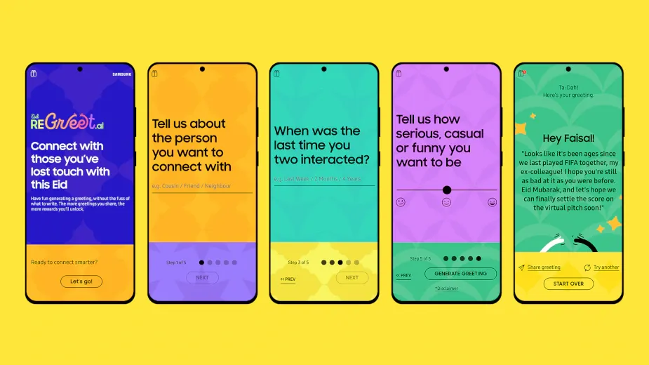 Five ReGreet app screens guiding users through writing an Eid greeting