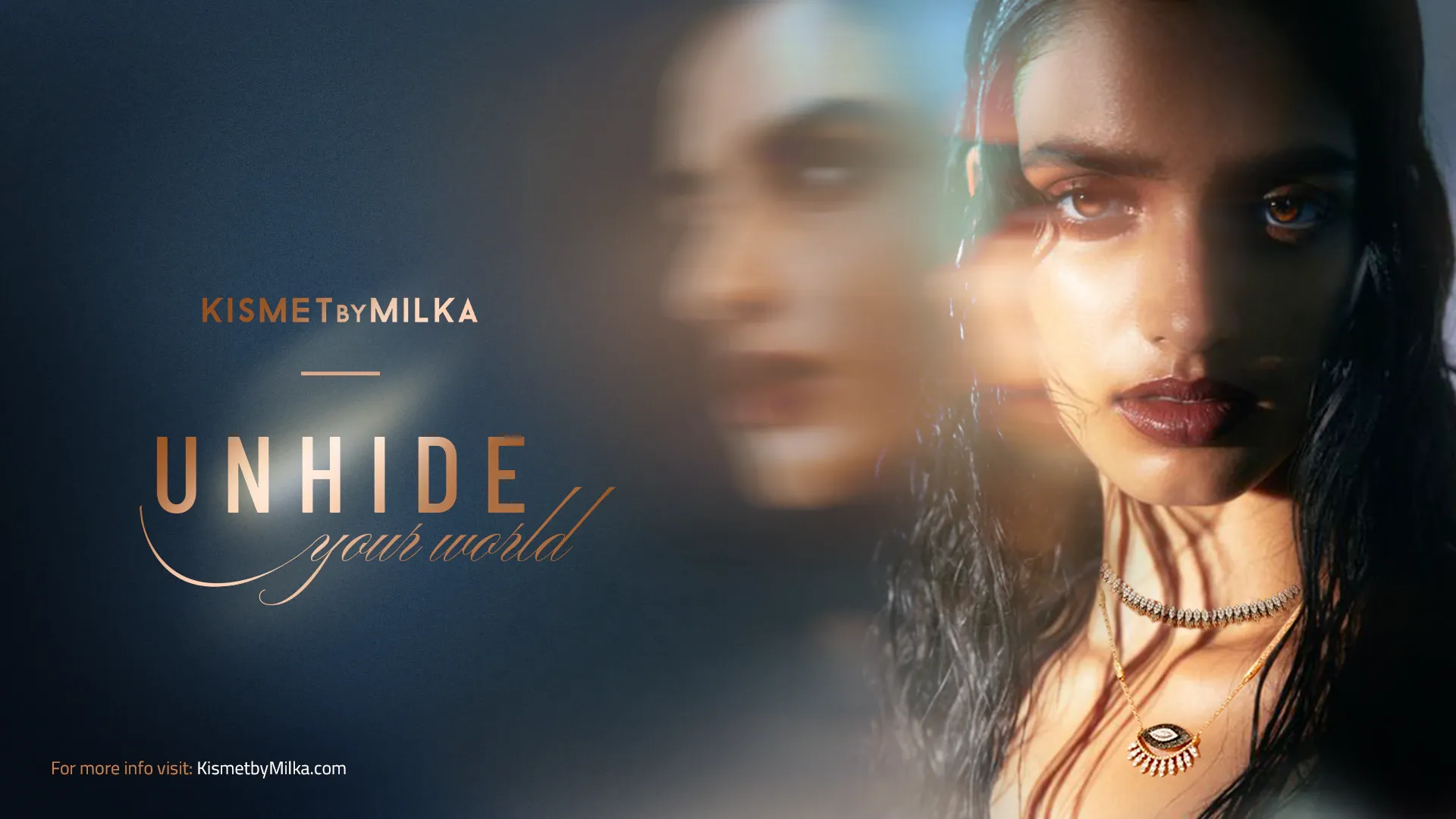 Unhide key visual: double-exposure portrait of a woman wearing Kismet jewellery on deep blue