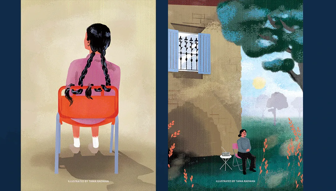 Two book illustrations: a girl with braids on a chair, and a woman sitting beside a house and tree