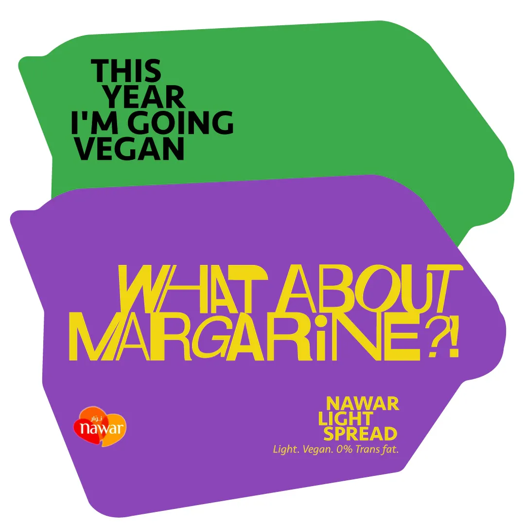 Tub-lid shaped social post: “This year I’m going vegan” — What About Margarine?! Nawar Light Spread