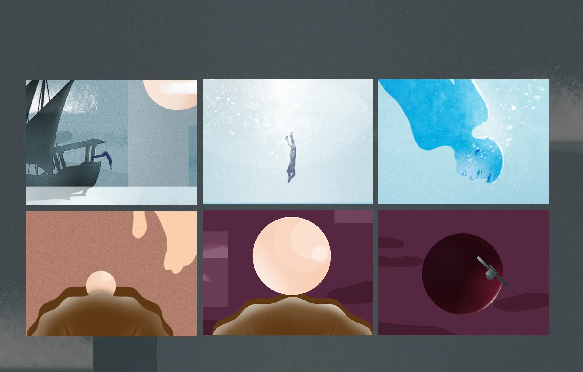 Storyboard frames from the illustrated 50-year animation: a ship, a diver, the sea and a sunrise