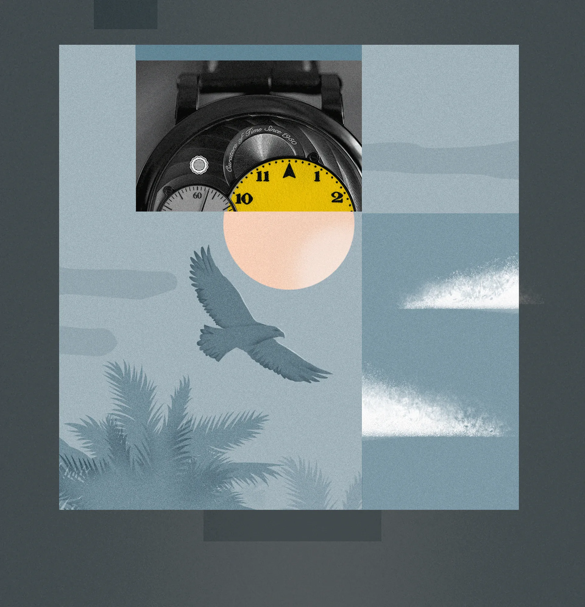 Animated illustration combining a watch, a falcon and palm trees in muted blue