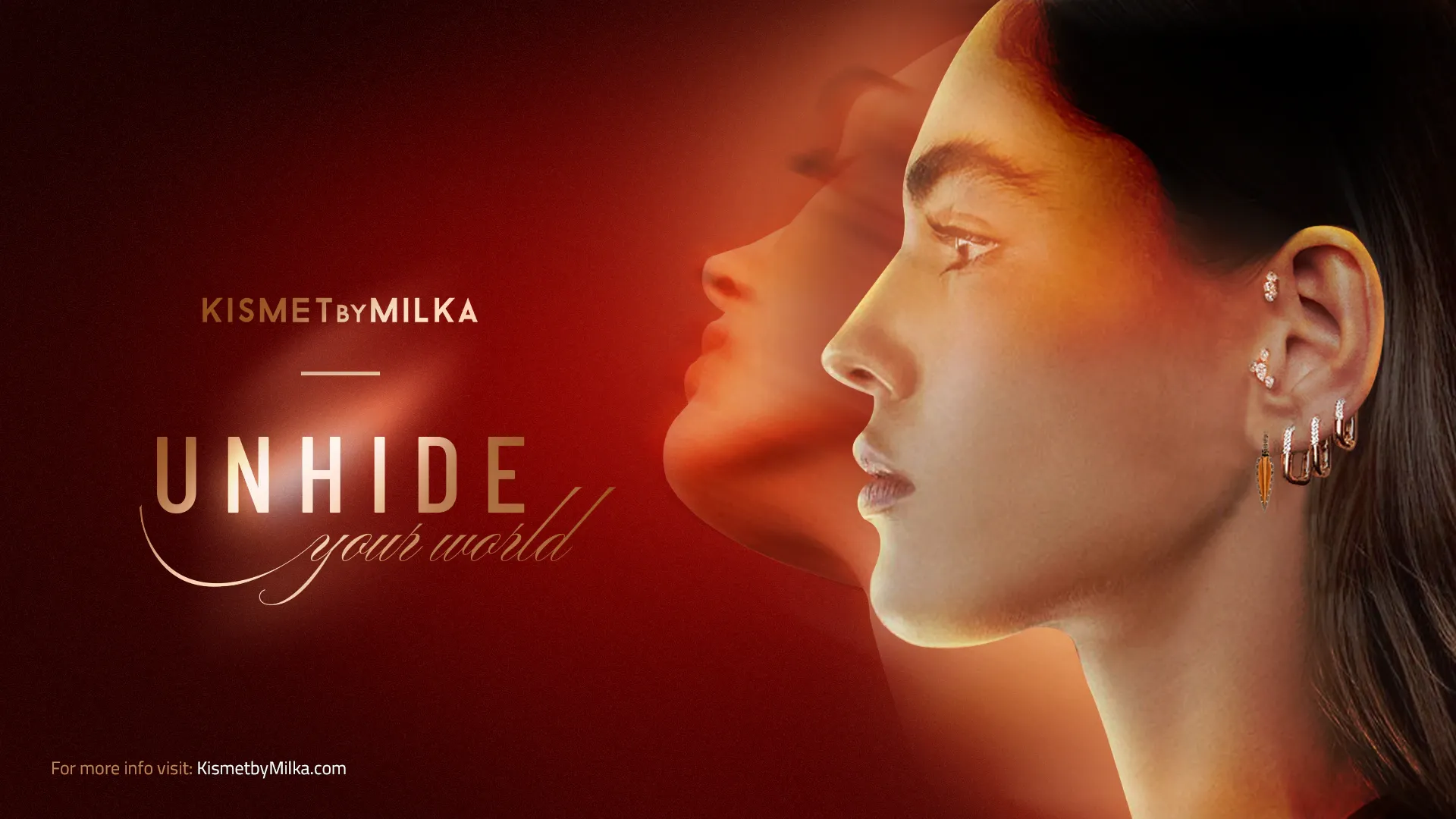 Unhide key visual: double-exposure profile of a woman wearing Kismet earrings on red
