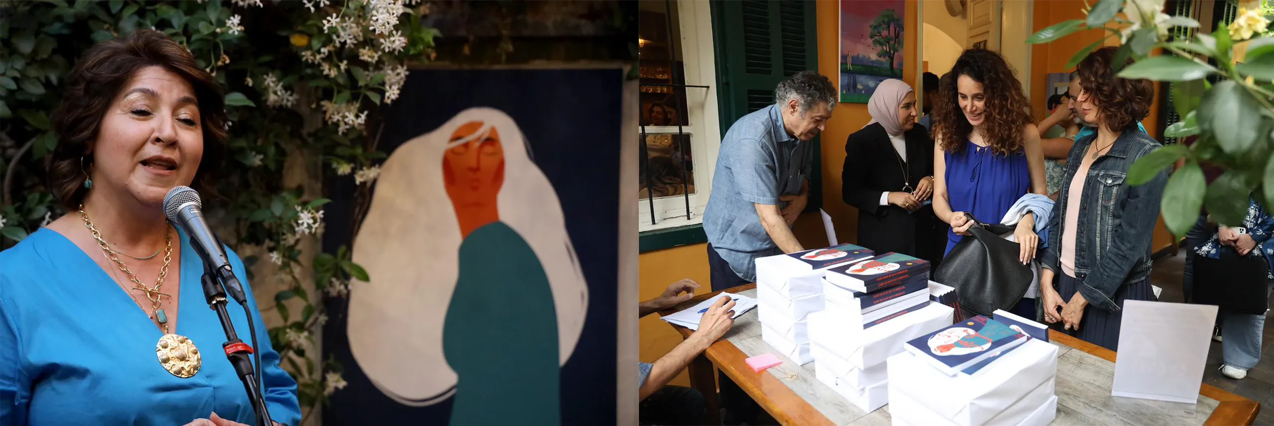 Book launch: a speaker with a microphone beside the cover illustration, and guests at the book table