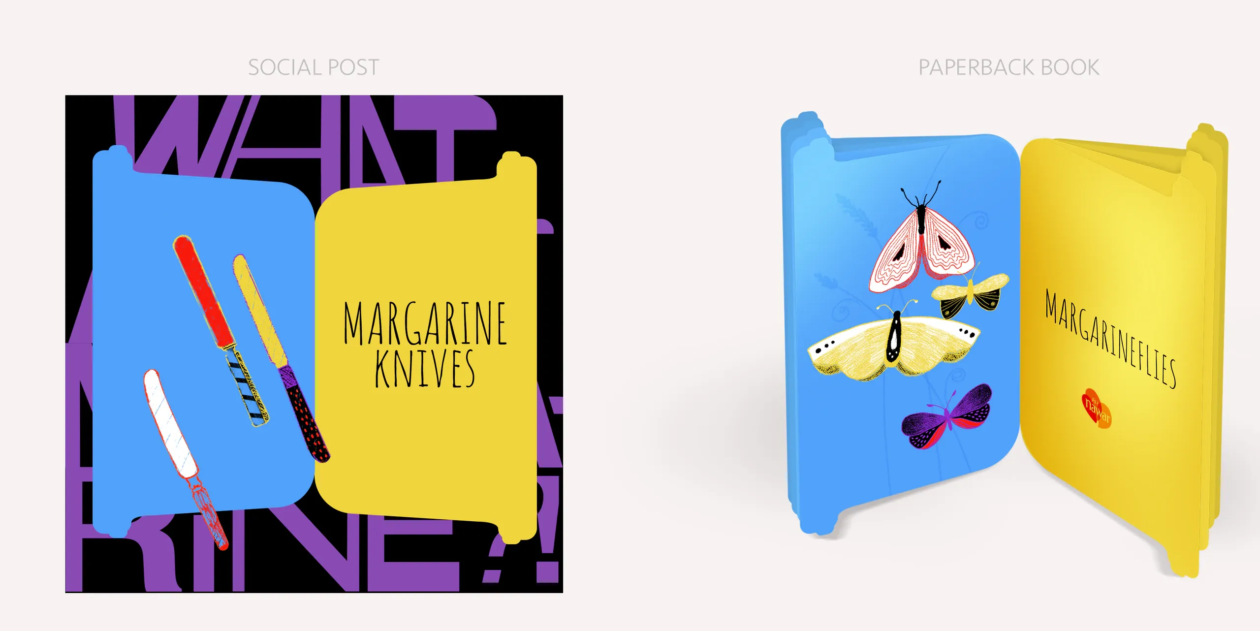 Social post of margarine knives, and a paperback book shaped like a tub lid