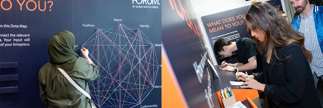 Visitors interacting with the Horology Forum 10 data-map wall